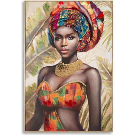Dipinto su tela Deva B con cornice, ritratto femminile con turbante multicolore (1/5)