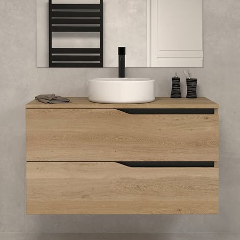 Meuble de salle de bain 90cm avec plateau et vasque à poser - 2 tiroirs - sans miroir - madera miel (chêne clair) - LUNA (1/5)
