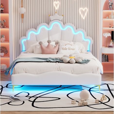 Cama doble tapizada en PU blanco 140x200 cm con LED regulable, cabecero de corona y somier de láminas (1/5)