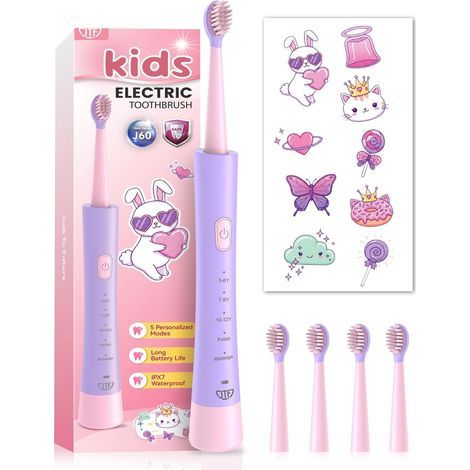JTF Electric Toothbrush for Children Ages 3 and Up, Sonic Toothbrush with 5 Cleaning Modes, 4 Brush Heads, Smart Timer, IPX7 Waterproof and Customizable Stickers, b (1/5)