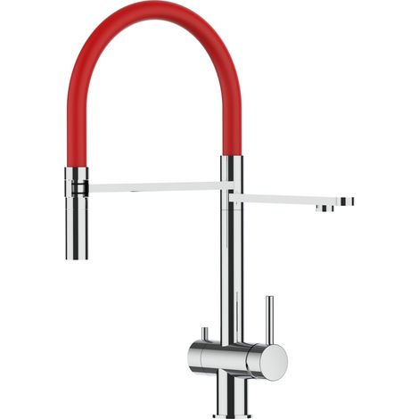 3 Wege Wasserhahn Edelstahl Massiv Kuechenarmatur mit Rot 360 schwenkbarem Auslauf und abnehmbare 2 strahl Handbrause - Edelstahl Hochglanz (1/5)