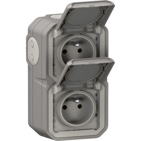 Legrand – Prise étanche double verticale précablée 16A 250V – IP55 pour chantiers humides – Montage apparent vertical – Plastique gris