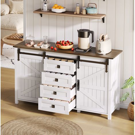 Credenza in MDF con 2 ante scorrevoli e 4 cassetti, mobile contenitore per sala da pranzo e soggiorno, bianca (1/5)