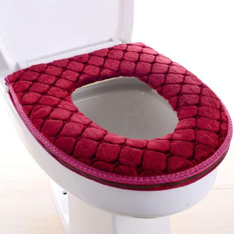 Couvoirs de siège de Toilette, Coussin de siège de Toilette Extensible Chaud, Couvercle de siège de Toilette en Tissu Lavable, siège de Toilette épaissis Doux (Rouge) (1/5)