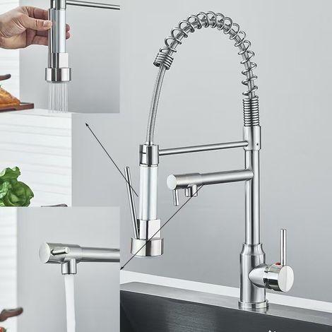 Cross-border spring faucet for kitchen sinks, dishwashing basins, and vegetable washing basins rotatable dual-outlet universal anti-splash faucet - brushed steel body [dual function]