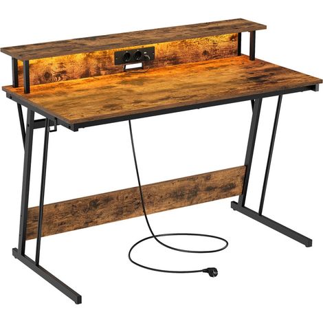 Bureau gaming avec led et multiprise table gamer bureau informatique avec rehausseur d’écran pour 2 ordinateurs pour chambre 55 x 135 x 76 cm noir boisé (1/3)