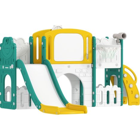 Ensemble de jeux 7-en-1 pour enfants, toboggan, panier de basket, tunnel, design grenouille, jaune et vert (1/5)