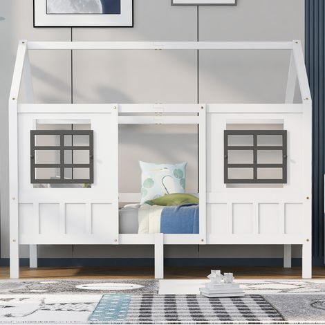 Letto singolo a casetta in legno massello bianco 200x90 cm con 2 finestre e sponde (1/5)