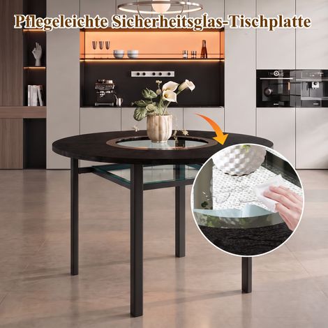 Table à manger ronde minimaliste moderne 100 cm, plateau noir aspect bois, insert verre gris et cadre métallique stable, pour 2-4 personnes (1/5)