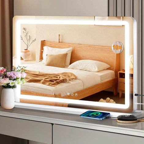 Miroir Coiffeuse, 80 x 60 CM Miroir Maquillage à LED avec éclairage à 3 Couleurs et Intensité Réglable, Commande par écran Tactile Intelligent, Port de Recharge USB, Blanc (1/5)
