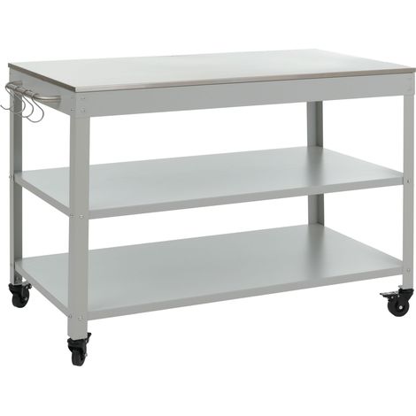 [NEUWERTIG] Beistellwagen HHG-340, Küchenwagen Mehrzweck-/Servierwagen Grillwagen rollbar 3 Ablagen, Stahl 80x117x56cm hellgrau (1/5)