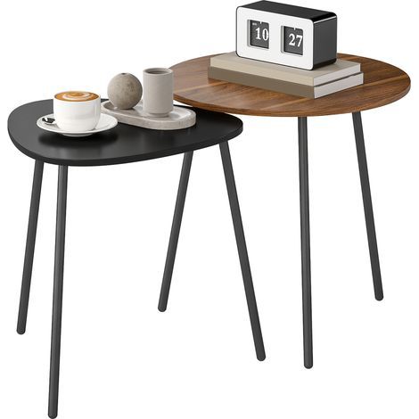 Lot de 2 tables basses gigognes. tables, métal. ronde, noir, d'appoint contemporain, cadre, triangulaire. noyer et (1/5)