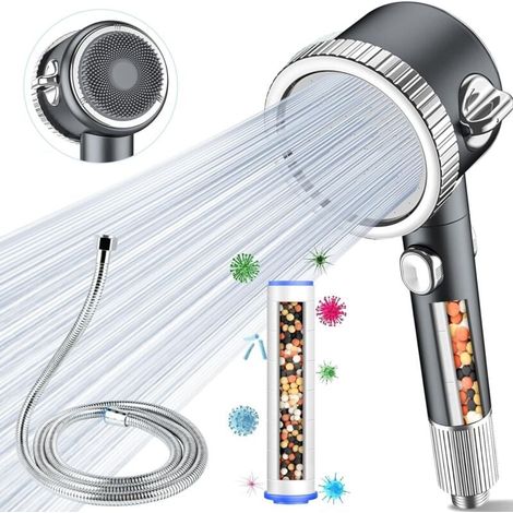 Anti-limescale Shower Head Filter - High Pressure Shower Head with 2M Hose, Water Saving Shower Head, Bathroom Filter Shower Head Set with Water Stop and Massage Brush (1/5)