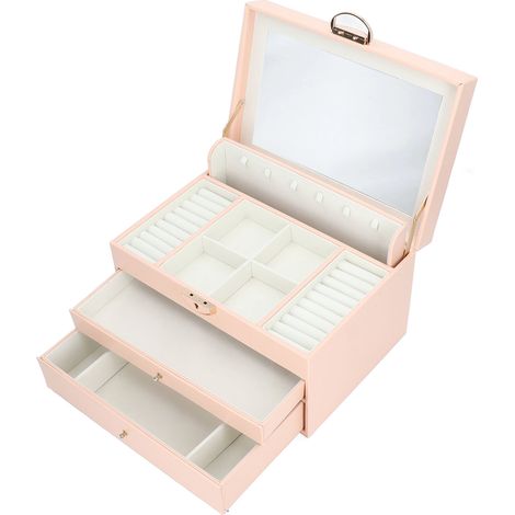 Großes, tragbares Schmuckkästchen aus Leder mit Spiegel für Reiseschmuck, Ohrringe und Ringe. (1/5)