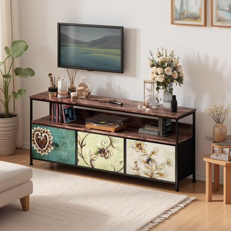 TV-Schrank mit LED, TV Lowboard mit 3 Schubladens und offenen Fächern, modern Fernsehschrank mit höhenverstellbaren Füßen, mit integriertes Kabelmanagement, Bunt, 137 x 29.8 x 57 cm (1/5)