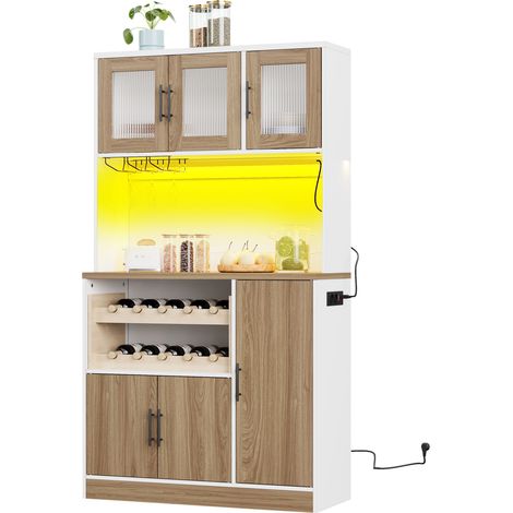Meuble garde-manger de cuisine moderne LED avec prises, range-verres et casier à vin, étagères réglables, blanc et bois clair, 100 x 40 x 180 cm pour cuisine organisée CHICFURN (1/5)