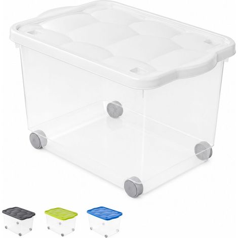 Contenitore multiuso con ruote, misura 60x40x36 cm e capacità 55 litri - Porta biancheria trasparente con coperchio, box salvaspazio - Bianco (1/5)