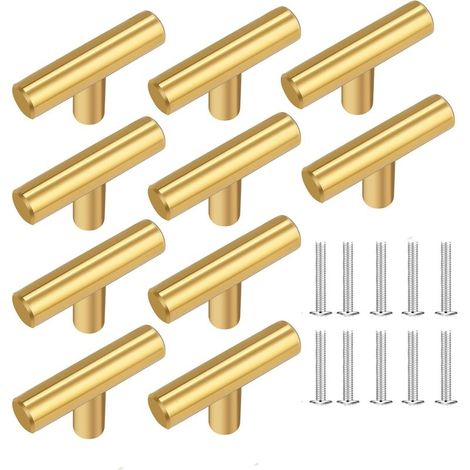 Boutons de meuble en acier inoxydable, boutons de tiroir et de placard de cuisine à trou unique – Finition Laiton Brossé – Pour cuisines, commodes et salles de bain (Lot de 10, Doré) (1/5)