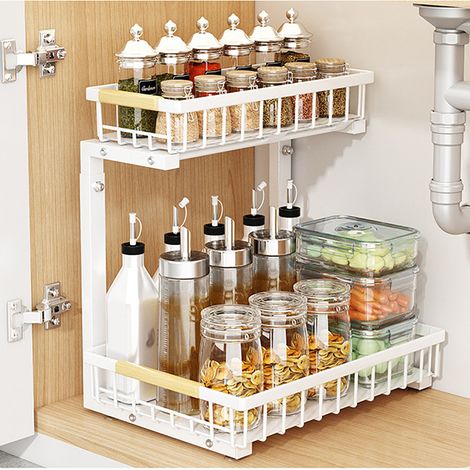 Rangement sous l'évier, Rangement pour armoire coulissante, Étagère d'évier coulissante à 2 niveaux, Étagères de rangement pour armoire en acier carbone, Rangement sous l'évier pour armoire de cuisine