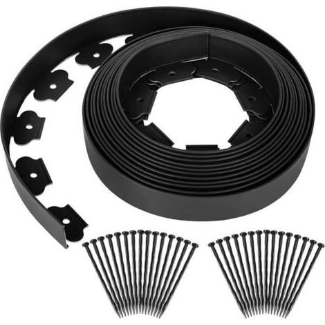 Flexible Plastic Lawn Edging Garden Edging, Grass and Stone Separation, with 30 Fixing Nails, 10m Long, Black, 5cm High (1/4)