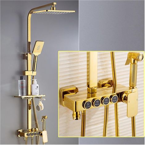 Ensemble de douche mitigeur thermostatique intelli Ensemble de douche numérique chaud et froid robinet système de douche de salle de bains robinet de douche en or noir pommeau de douche carré système (1/5)