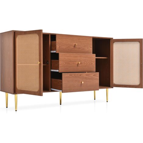 Commode avec 2 portes et 3 tiroirs, commode à portes en rotin avec tiroirs, étagère réglable, pour salon et chambre, noyer-H90/B150/T40 cm (1/5)