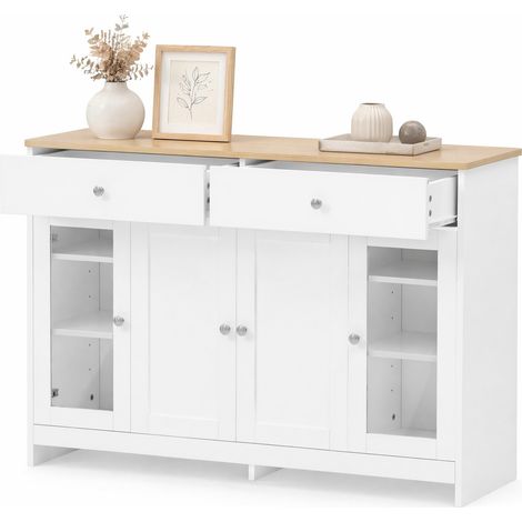 Buffet 120 cm blanc et bois clair, meuble de rangement avec 2 tiroirs, 4 portes et étagères réglables pour salon, cuisine, salle à manger, style maison CHICFURN (1/5)