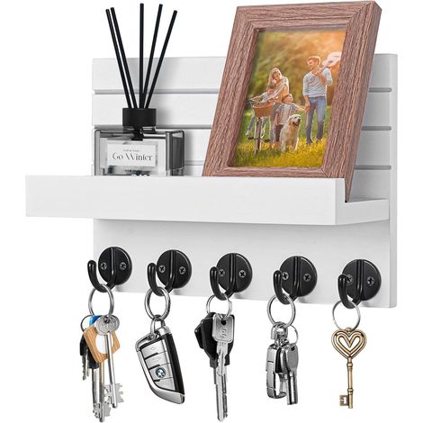 Porte - clés et courrier mural en bois, 5 crochets, pour salon, salle de bain, cuisine, entrée et couloir- Blanc (1/5)
