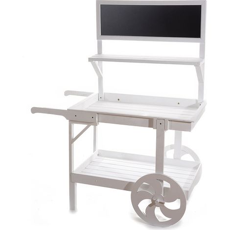 Carretti espositivi in legno con 3 ripiani e lavagna, ideali per vetrine, eventi e decorazioni. Stile elegante e funzionale, cm 111 x 62 x 141 H