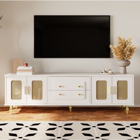 Meuble TV avec 4 portes en rotin, 2 tiroirs, pieds bois, multiples rangements, 175x38x55,5cm Style moderne et élégant (1/5)