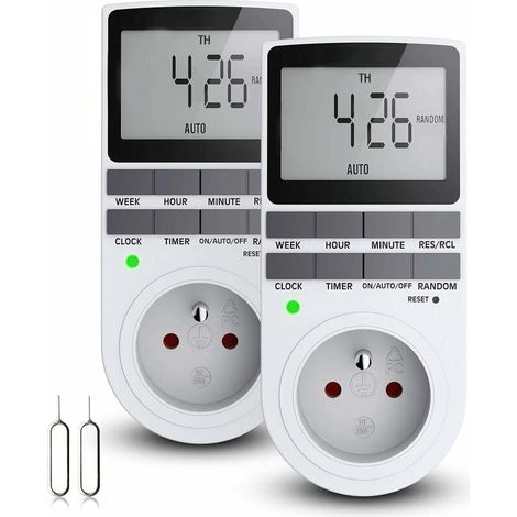 Phasat – Prise programmable numérique 16A – Minuterie journalière/hebdomadaire – Écran LCD – Mode aléatoire antivol – Économie d'énergie – 3680W max (2 packs)