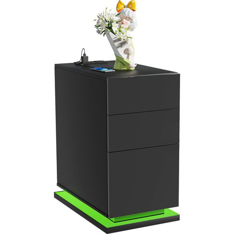Comodino moderno Haloyo® a 3 cassetti con luci a LED, comodino, per soggiorno, camera da letto, 50x30x63 cm, nero (1/5)