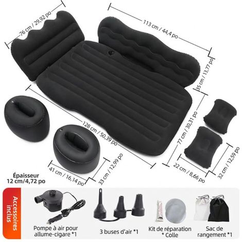 MATELAS GONFLABLE VOITURE, BANQUETTE ARRIÈRE SUV, FLOCAGE DOUX, POMPE INCLUSE, NOIR, CAMPING (1/5)