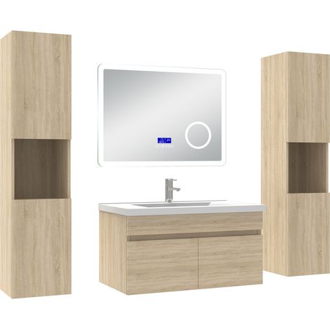 Acezanble Ensemble meuble 80 cm Chêne Wotan, lavabo céramique + 2 colonnes hautes + Miroir salle de bain Bluetooth avec 3 couleurs dimmable, suspendu (1/5)