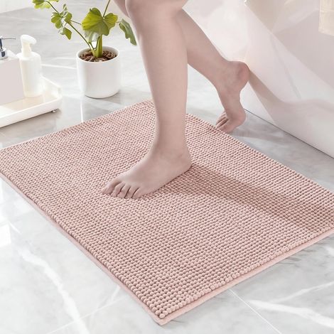 1 Tapis de bain Chenille Antidérapant Absorbant Séchage rapide Lavable machine Salle de douche 50x80cm Rose (1/5)