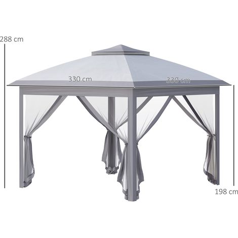 Tonnelle 3 x 3 m Pavillon de jardin pliable et pliable, double toit, 4 moustiquaires amovibles + sac de transport, tissu Oxford gris métallisé (1/5)