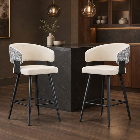 Set mit 2 weißen Barhockern mit Rückenlehne, Sitz aus Kunstleder und Metall (1/5)