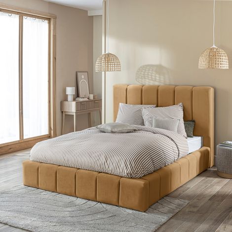 Lit coffre 140x190 en velours matelassé camel (1/5)