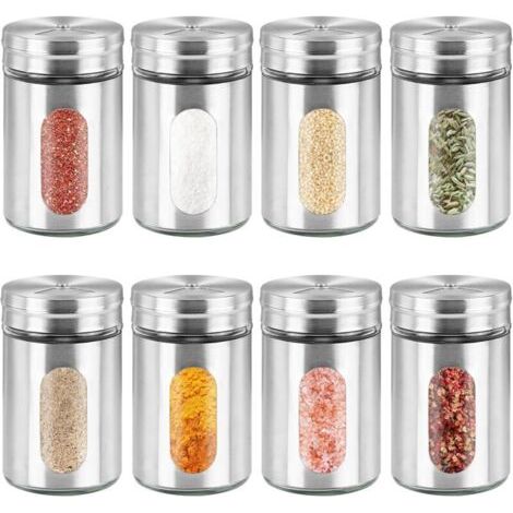 8 Pièces Boîtes à Épices avec Couvercle Pivotant, Pots à Épices en Acier Inoxydable 3 Tailles de Trou pour Sel Poivre Herbes BBQ Cuisine Assaisonnements, 90 ML (1/4)