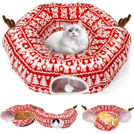 Túnel para gatos plegable con pelota de juego, cama de juego, túnel arrugado multifuncional, juguete interactivo para gatos de interior, diseño navideño. (1/5)
