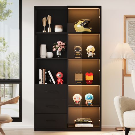 Vitrine bibliothèque LED 80x40x160 cm porte vitrée 3 tiroirs panneau - noir (1/5)