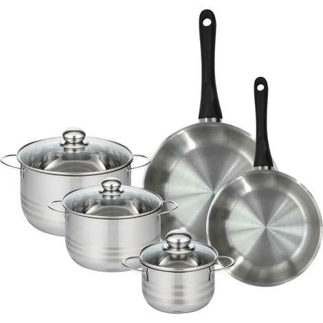 Set de 2 poêles 24 et 28 cm en inox et 3 faitouts inox 16, 20 et 24 cm Fackelmann Geneva (1/5)