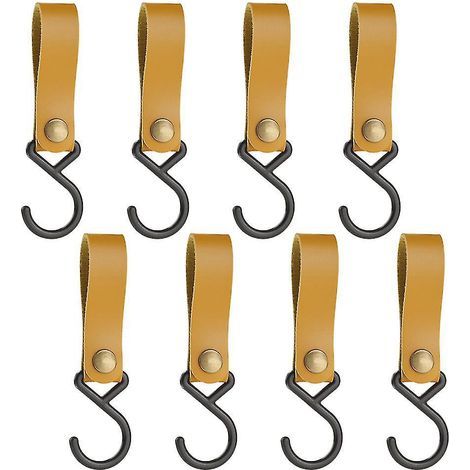 Set mit 8 S-förmigen Lederhaken, Metallhaken zum Aufhängen von Kinderwagen und anderen Gegenständen, Camping-Stil, Farbe Curry.