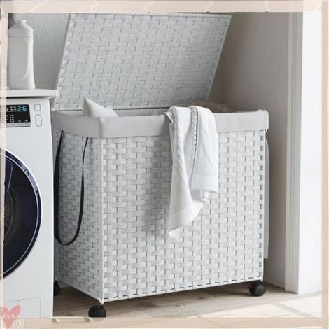 372043 Panier à linge avec roulettes blanc 60x35x60,5cm résine tressée (1/5)