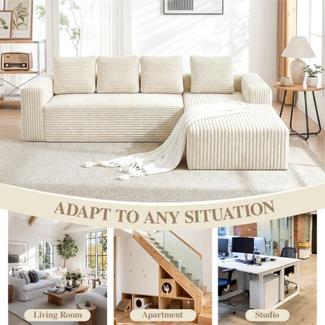 Canapé d'angle en nuage avec méridienne en L, sofa modulaire moderne à assise profonde, canapé rembourré méridienne droite pour salon chambre, sans montage, beige (tissu velours côtelé moelleux) (1/5)
