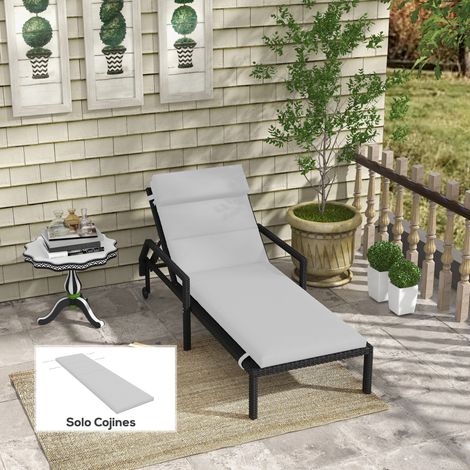 Coussin chaise longue Gris coton tissu résistant eau siège + dossier clair 196x63x6 cm (1/4)