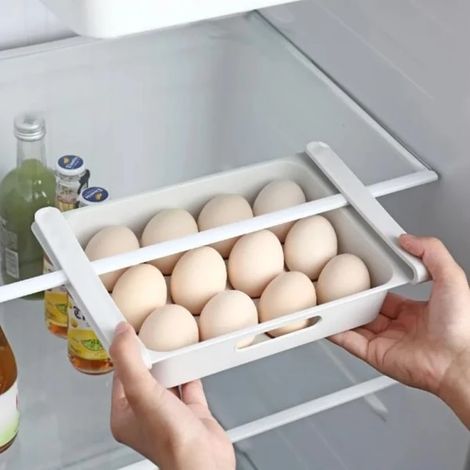 Organisateur de réfrigérateur à 12 compartiments, tiroir coulissant, étagère, meuble de rangement en plastique blanc (1/5)