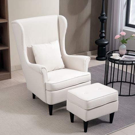 Sillón con Reposapiés Respaldo Alto Capitoné Patas de Madera Almohada Acolchada y Tapizado en Lino Beige (1/5)