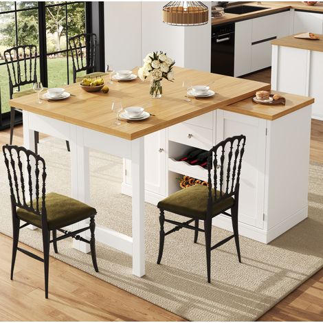 Mesa de cocina extensible 120-197x40x74 cm, giratoria 360°, con 2 cajones, botellero, MDF blanco (1/5)