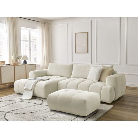 BOBOCHIC - Canapé d'angle convertible FUJI tissu lisse avec pouf Angle gauche Beige (1/5)